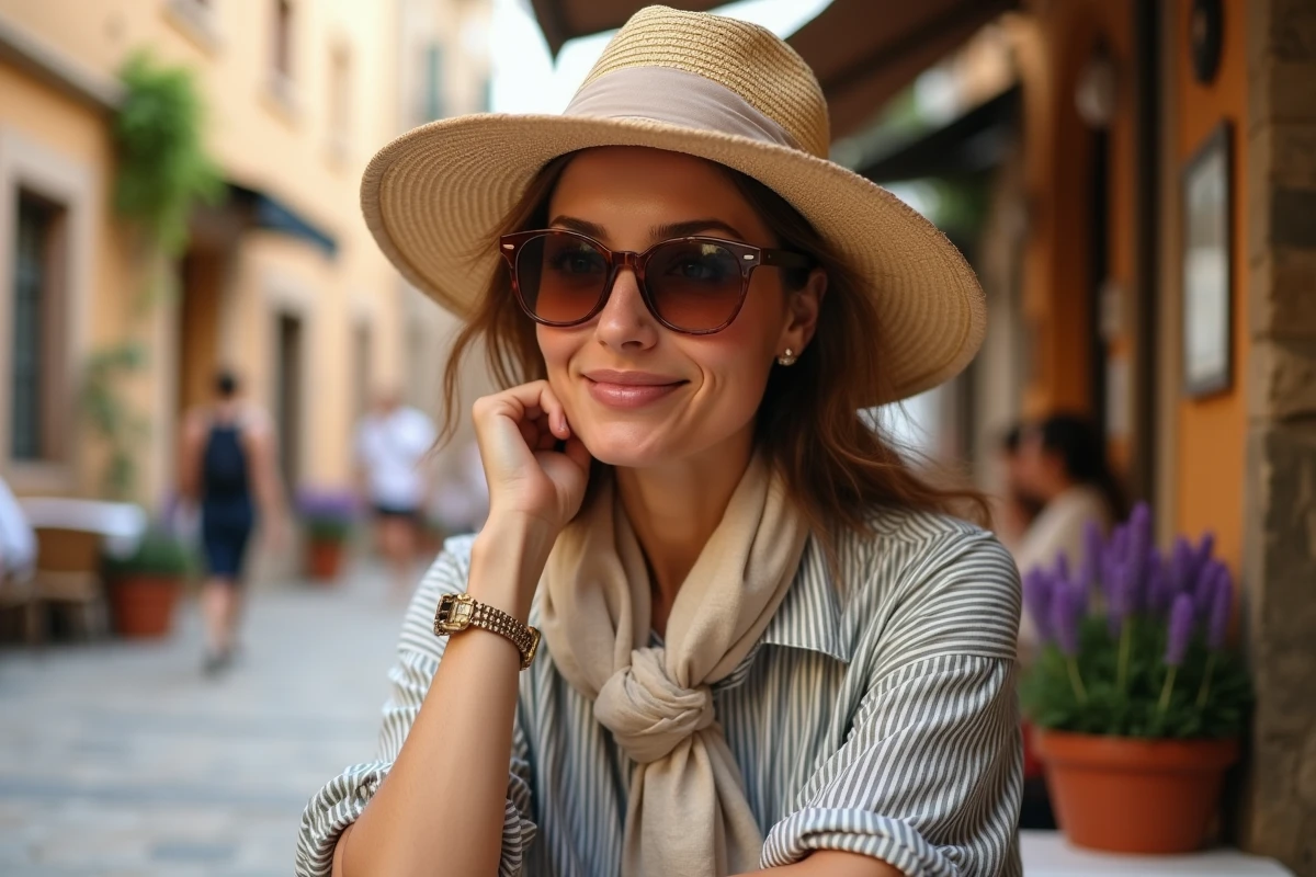 Femme élégante avec chapeau en paille et foulard en soie sur une terrasse méditerranéenne ensoleillée