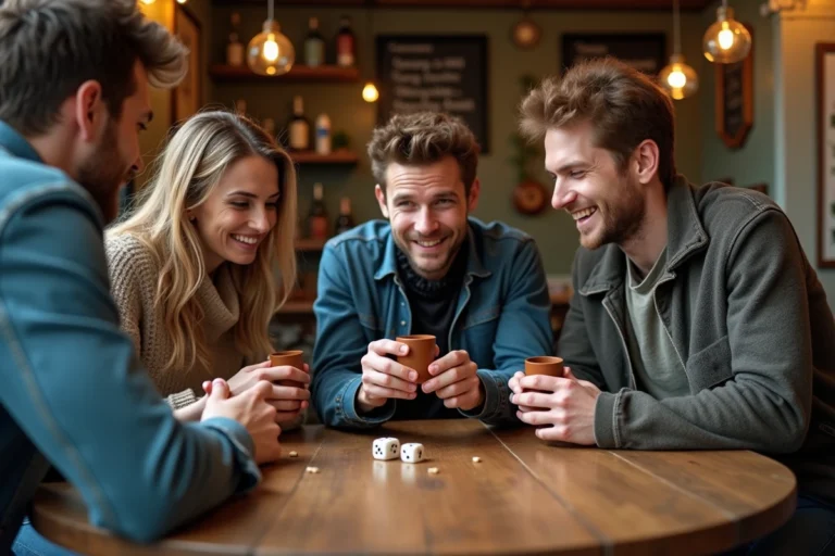 Trois amis jouant au 421 dans un café français avec des dés et des cornets en cuir sur une table en bois