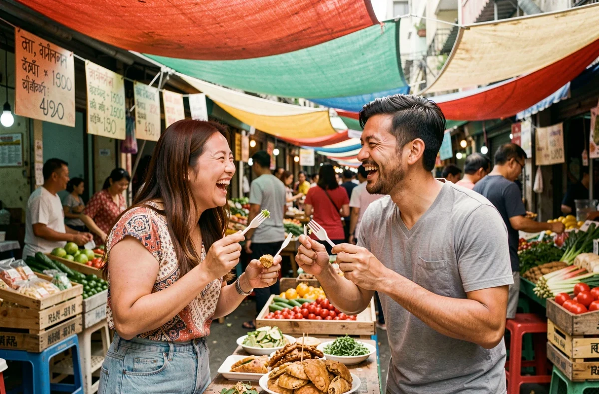 Deux amis voyageurs riant ensemble en dégustant de la street food dans un marché urbain animé à l'étranger