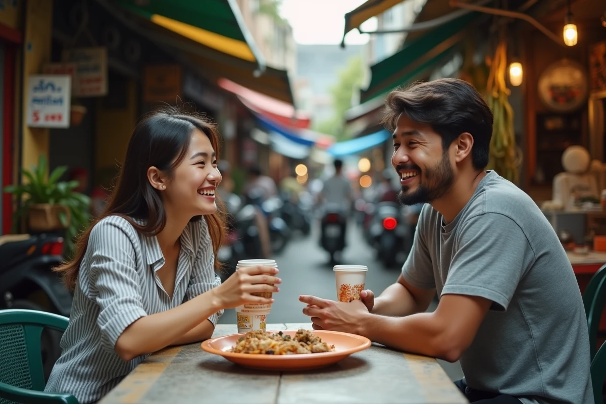 Deux jeunes voyageurs riant en partageant un repas de rue dans un marché local en Asie du Sud-Est voyage aventure économique