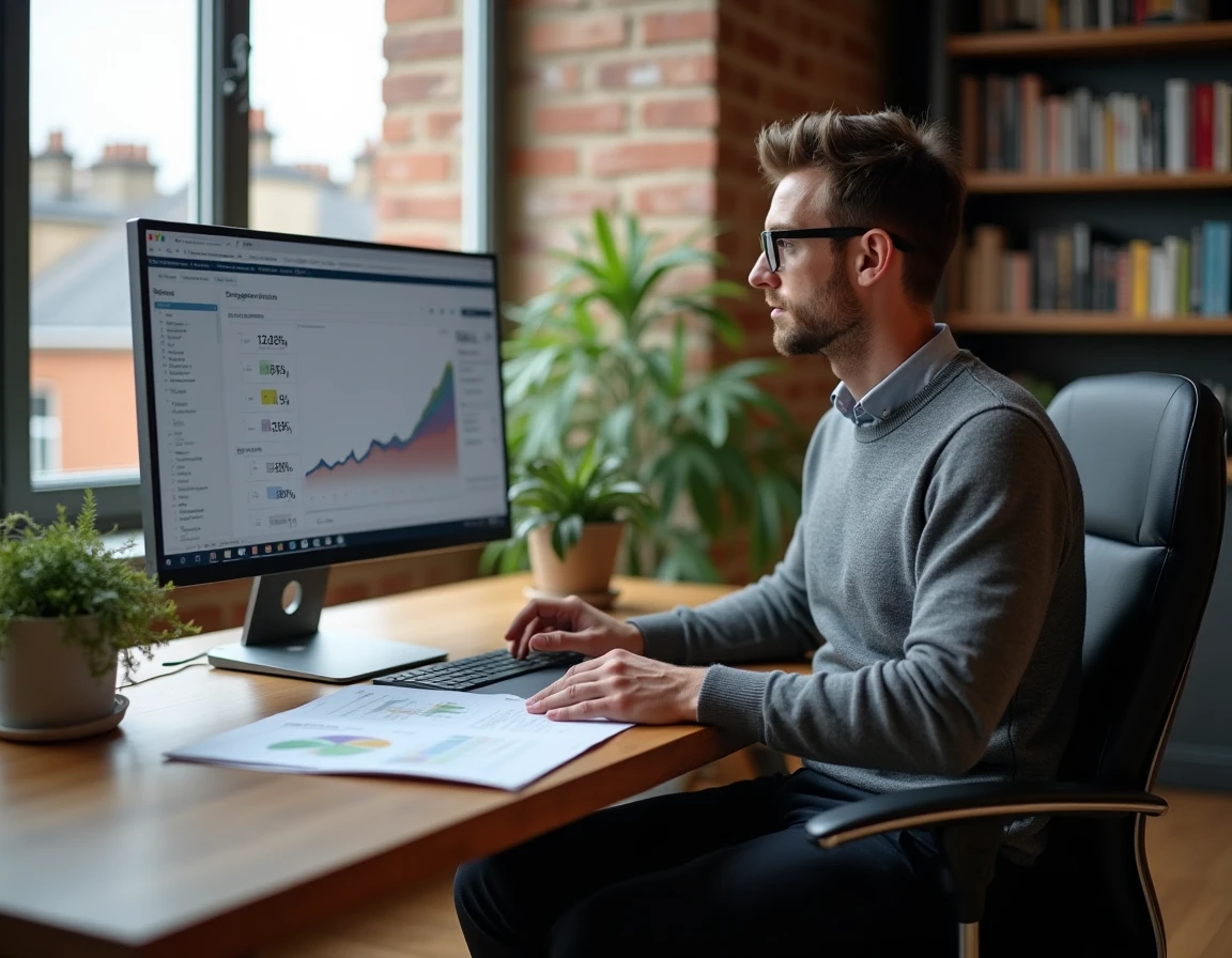 Analyste immobilier examinant des graphiques du marché immobilier français dans un bureau à domicile