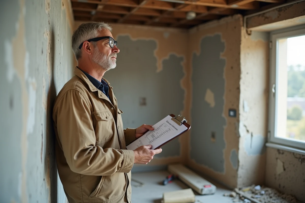 Artisan en rénovation intérieure tenant un devis dans un appartement en cours de travaux éligibles MaPrimeRénov