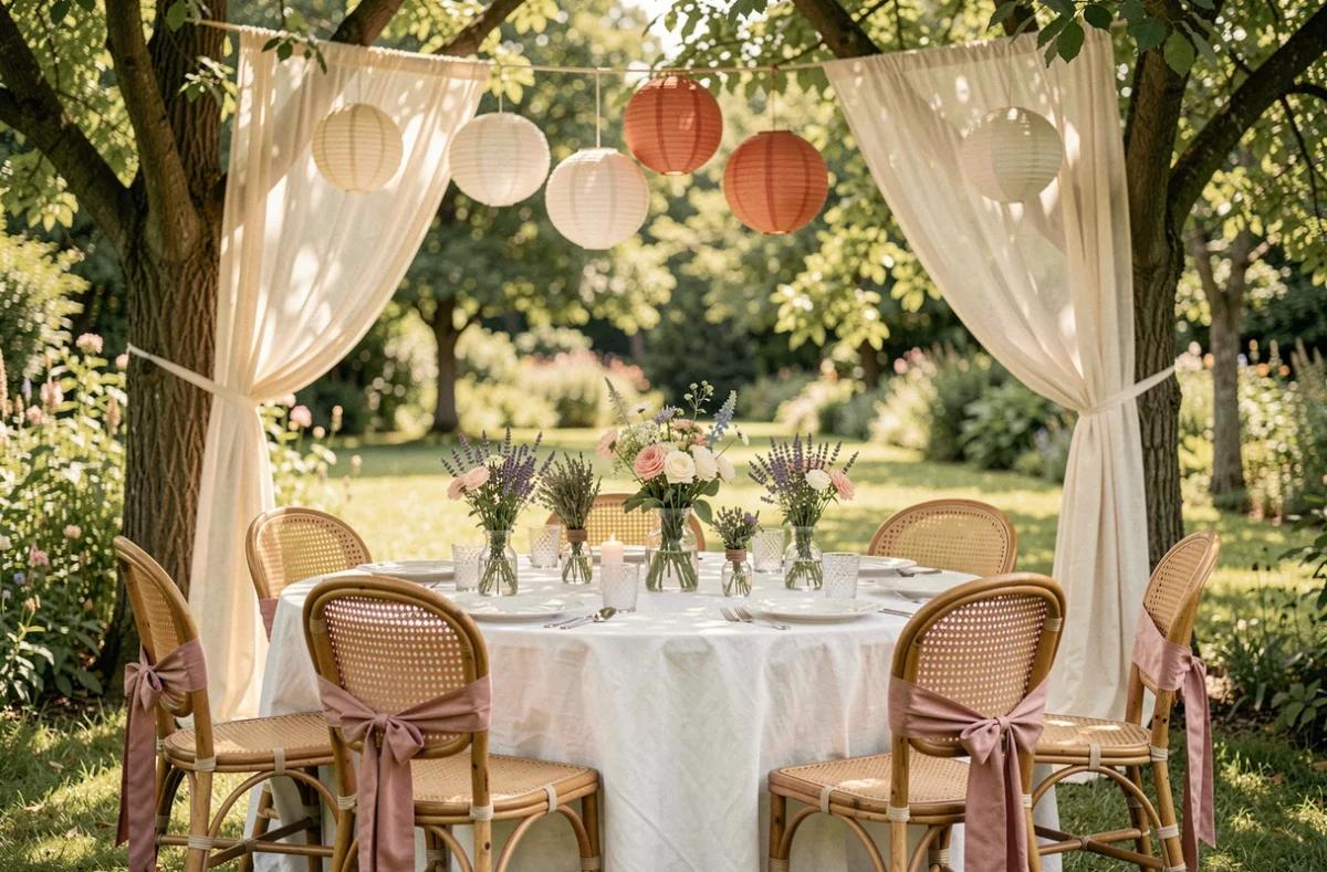 Décoration de baby shower en plein air dans un jardin avec une table ronde en lin, des fleurs sauvages et des lanternes en papier dans un style bohème tendance