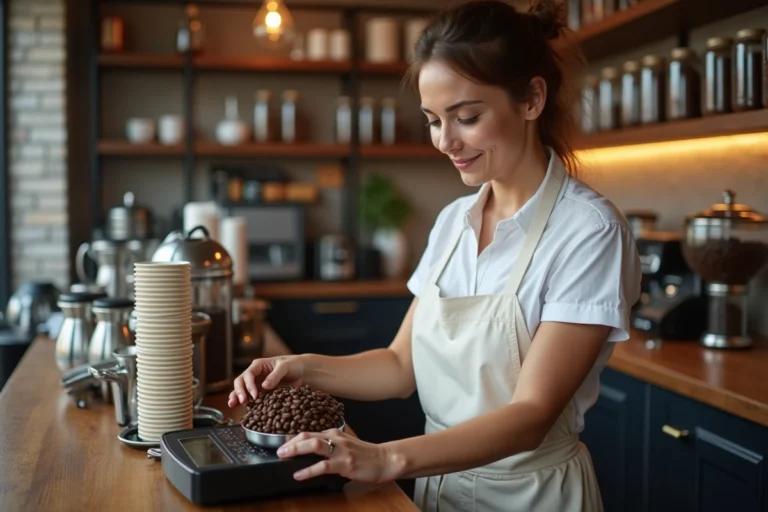 Barista mesurant précisément la quantité de café en grains sur une balance numérique pour préparer une grande commande en café