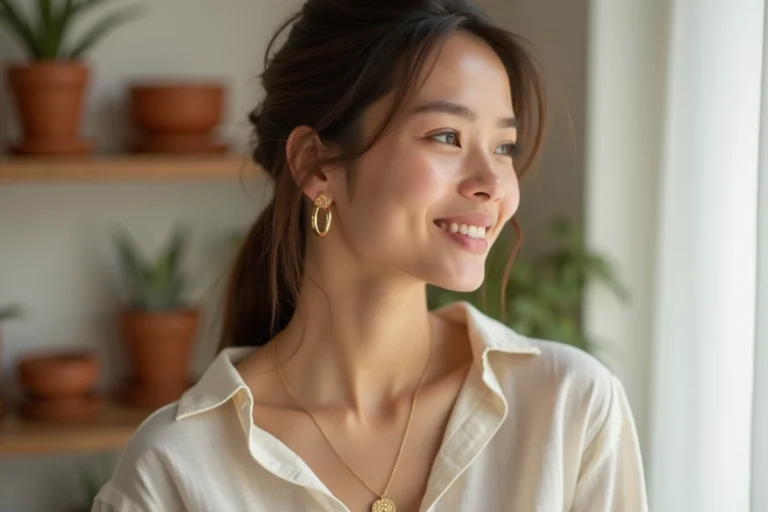 Jeune femme portant des bijoux dorés minimalistes et des accessoires tendances dans un appartement parisien lumineux