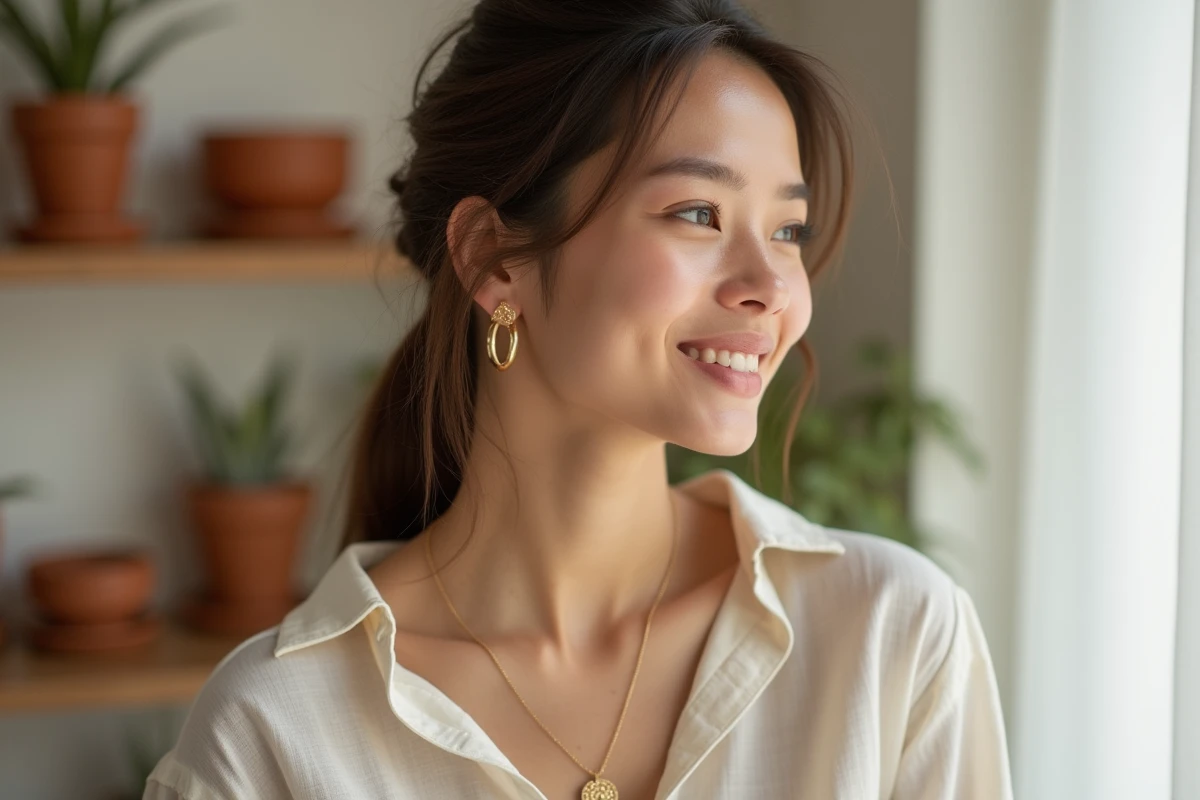 Jeune femme portant des bijoux dorés minimalistes et des accessoires tendances dans un appartement parisien lumineux
