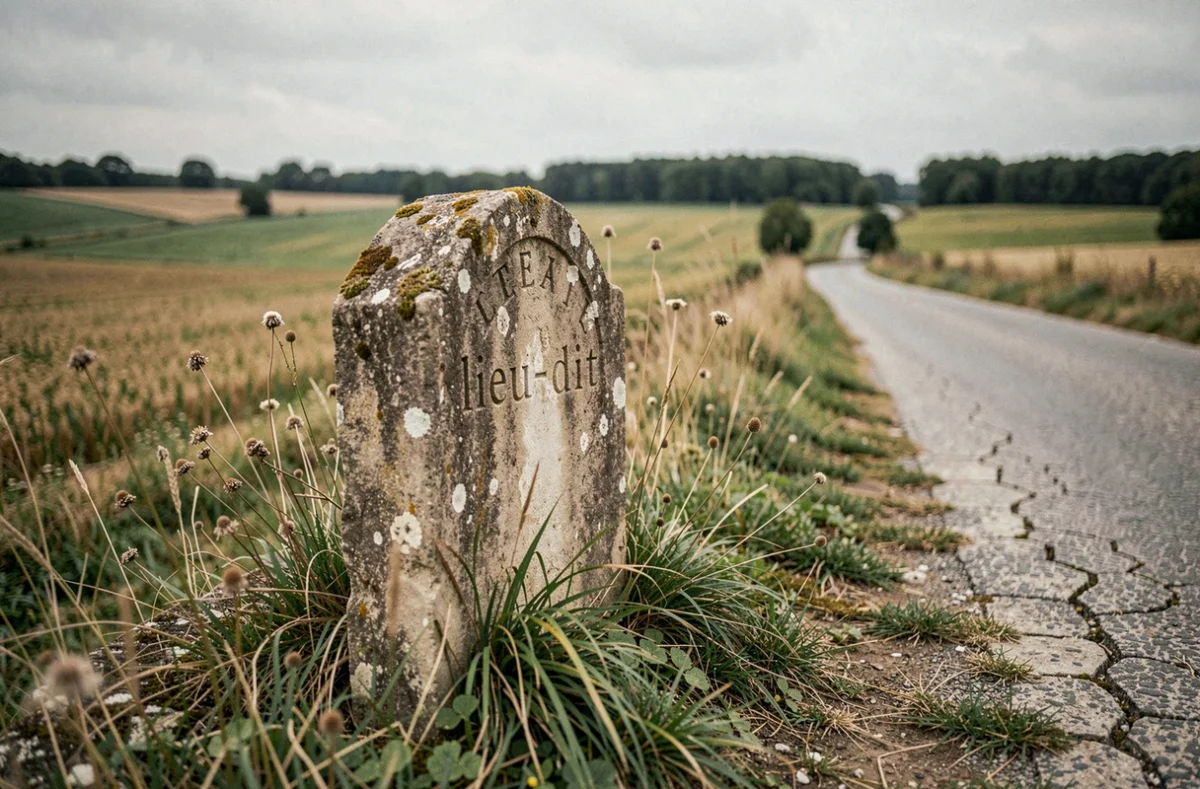 Borne gravée d'un lieu-dit en pierre ancienne au bord d'un chemin rural français entouré de champs agricoles