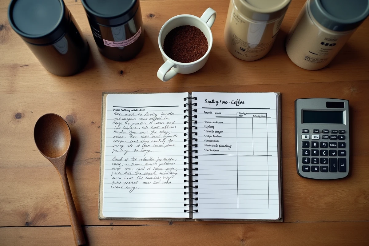 Vue de dessus d'une table avec un cahier de calculs manuscrits, du café moulu et une liste de planification pour préparer le café d'un groupe de 30 personnes
