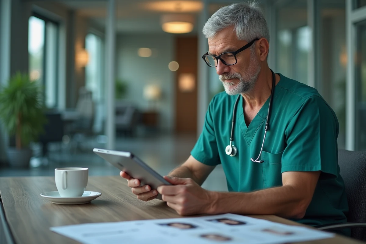 Chirurgien esthétique expérimenté analysant des dossiers patients dans une clinique turque