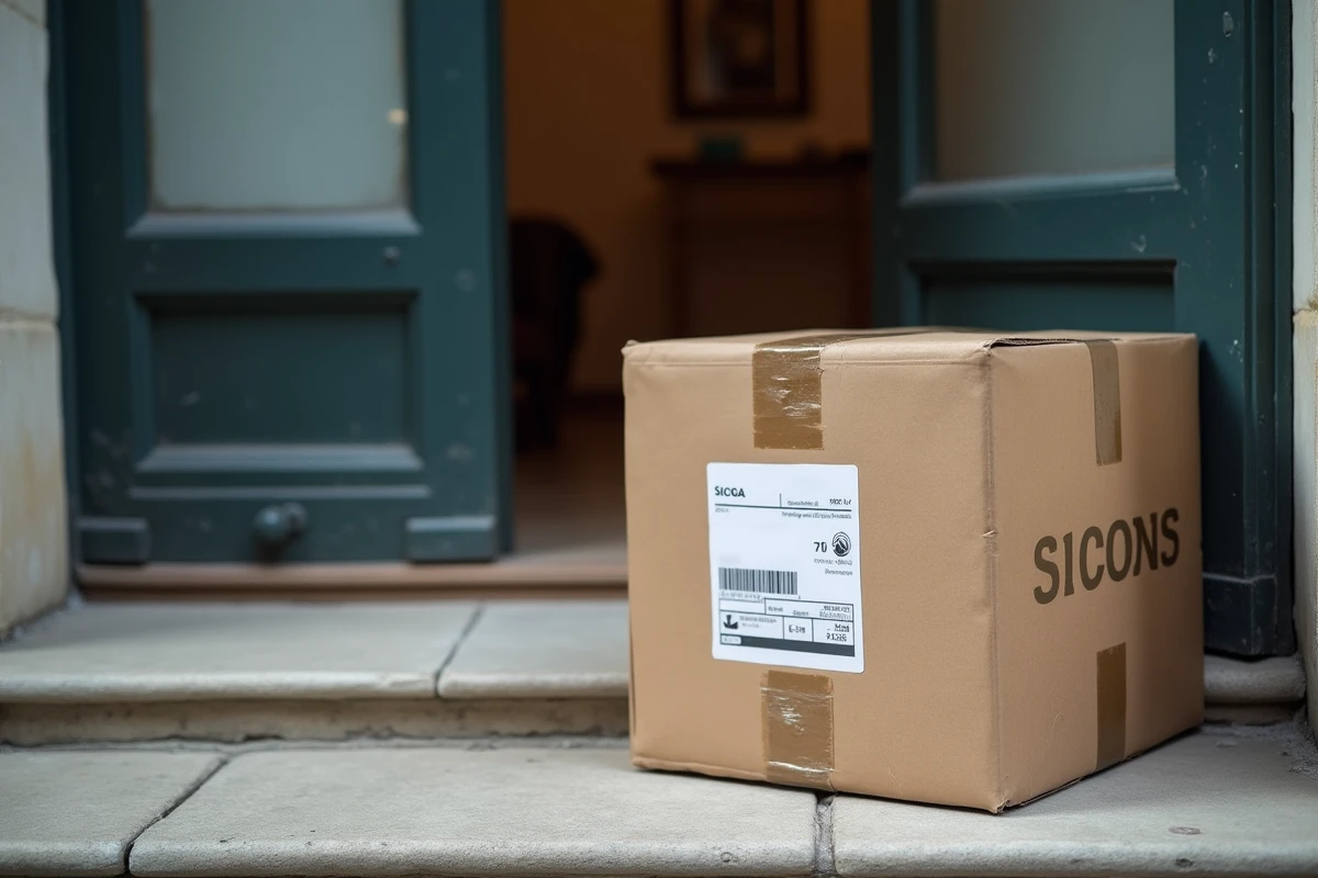 Colis de livraison e-commerce déposé devant la porte d'un appartement parisien, illustrant les délais de livraison standard en France pour les commandes en ligne