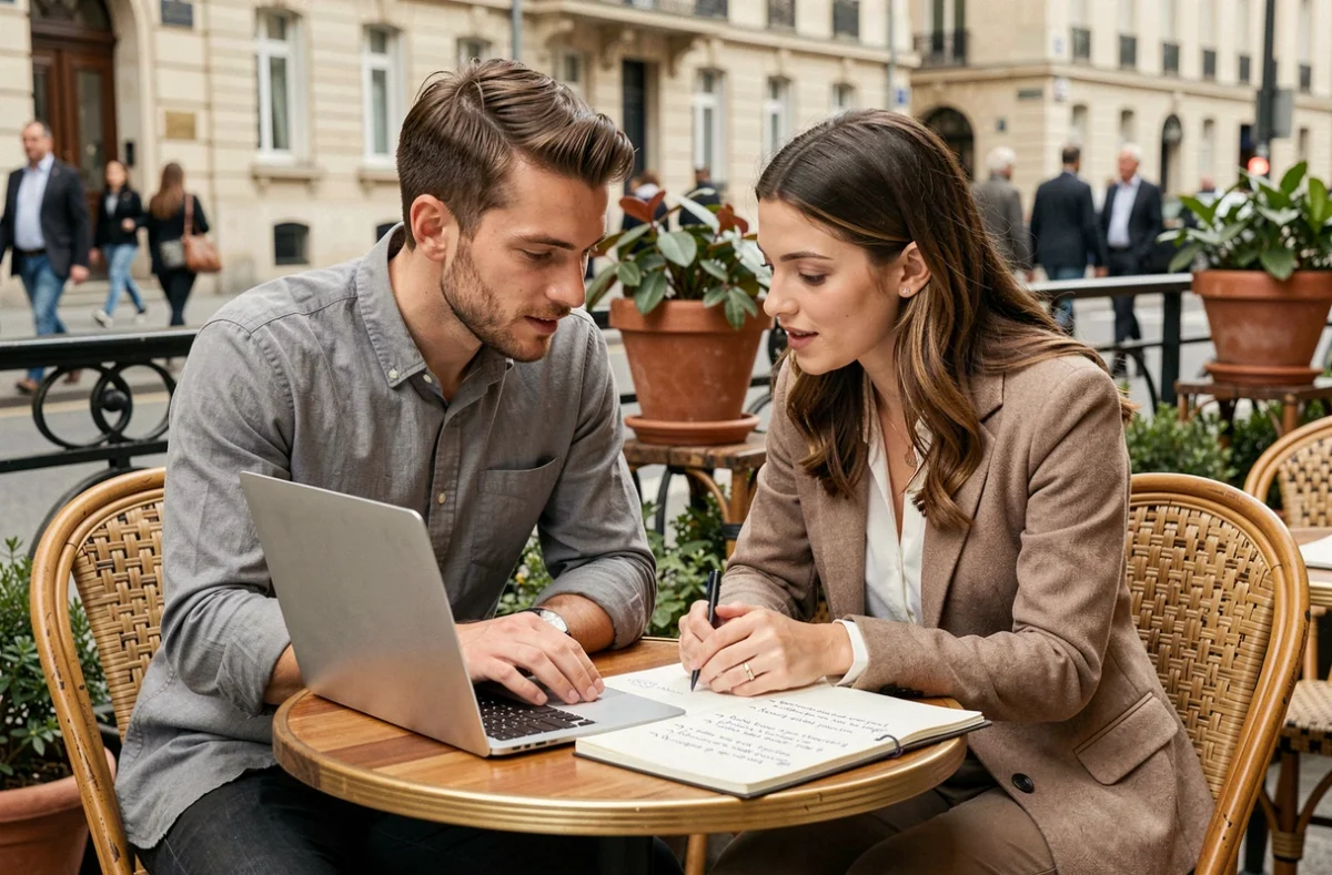 Deux collègues comparant des programmes de formation professionnelle à une terrasse de café à Paris