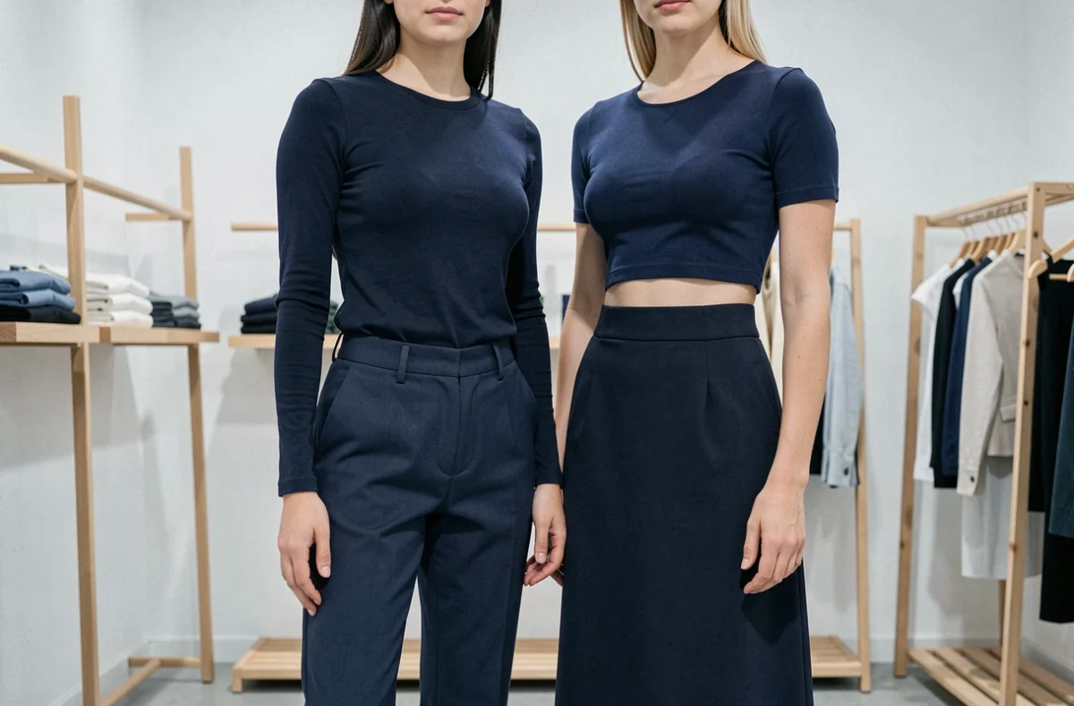 Deux femmes côte à côte en boutique portant respectivement un top classique et un crop top assortis, illustration comparative pour expliquer la différence entre top et crop top