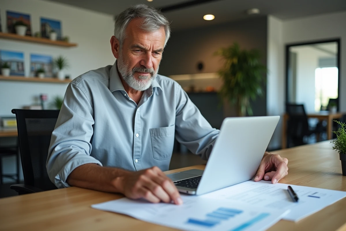 Conseiller de l'agence France Immo analysant un contrat de location immobilière dans un bureau moderne