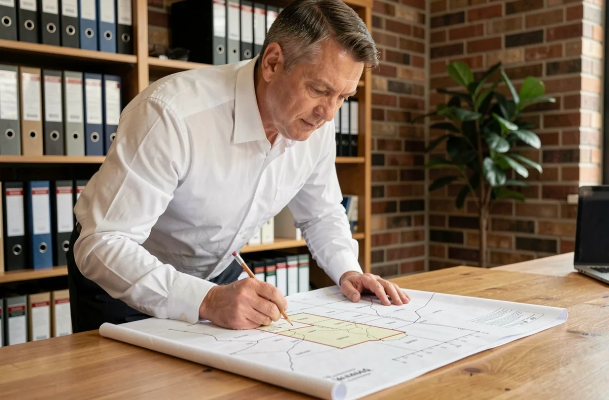 Consultant immobilier analysant un document de revue foncière sur un bureau en bois dans un bureau professionnel