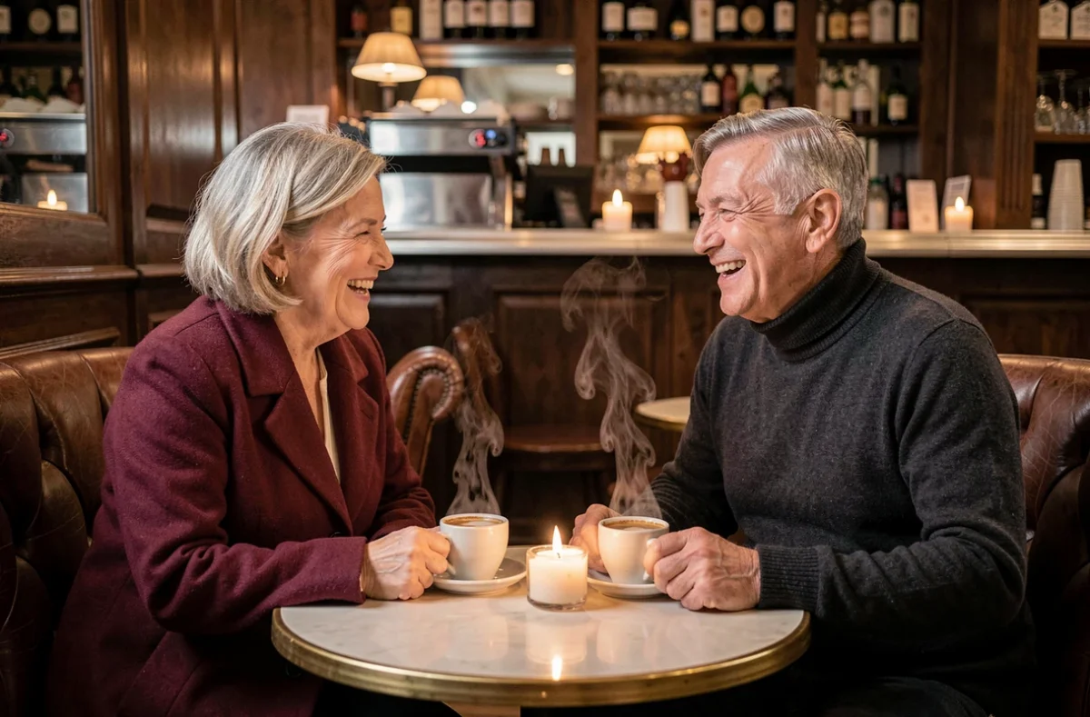 Couple amoureux savourant un café dans un bistrot parisien pour fêter leurs 40 ans de mariage