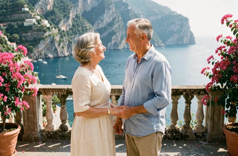 Couple célébrant 40 ans de mariage sur une terrasse en pierre avec vue sur la côte amalfitaine en Italie