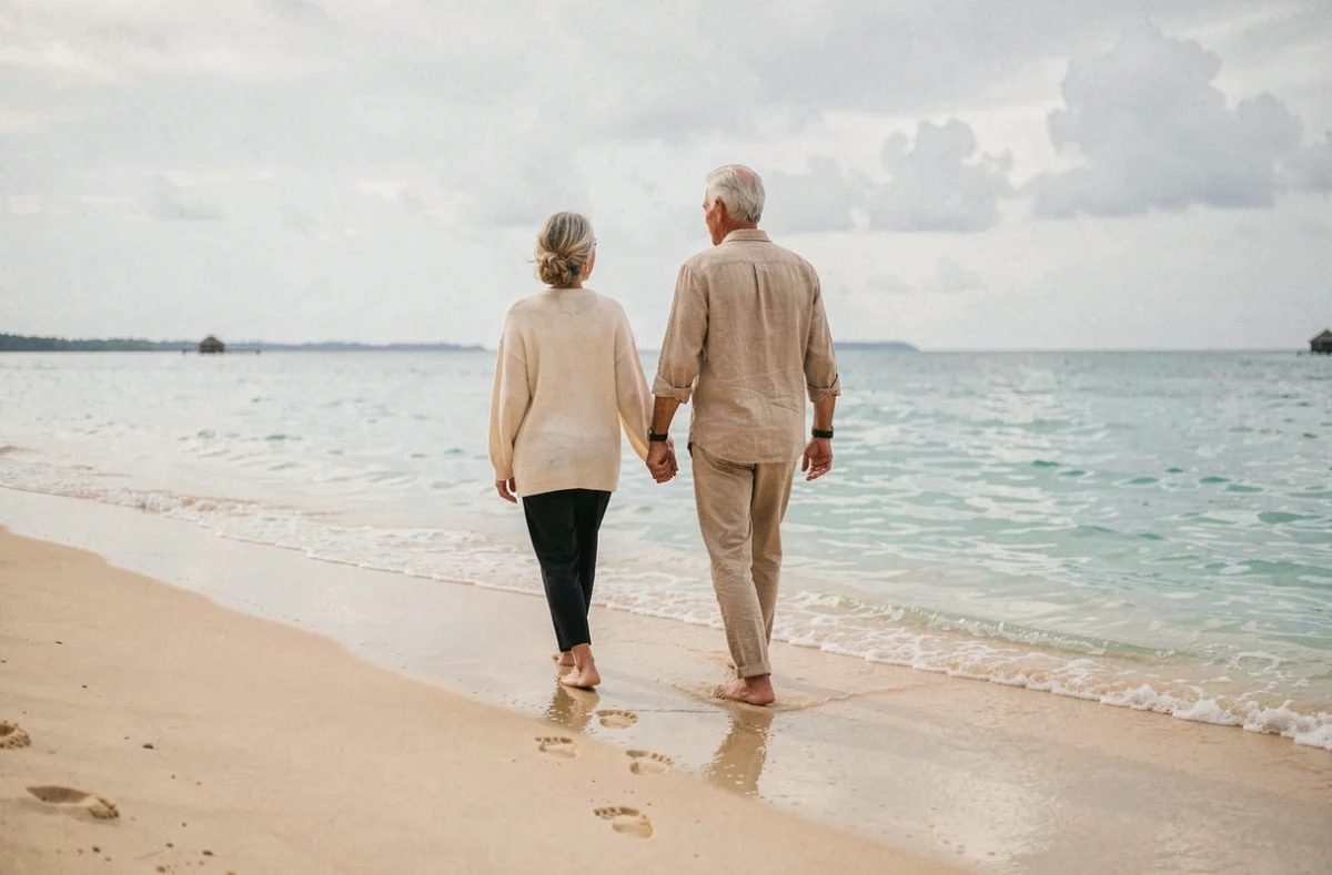 Couple marchant pieds nus sur une plage de sable doré aux Maldives pour célébrer 40 ans de vie commune