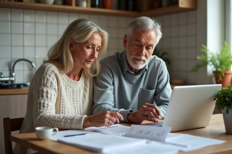 Couple consultant les documents MaPrimeRénov à leur table de cuisine pour vérifier les plafonds de ressources 2024