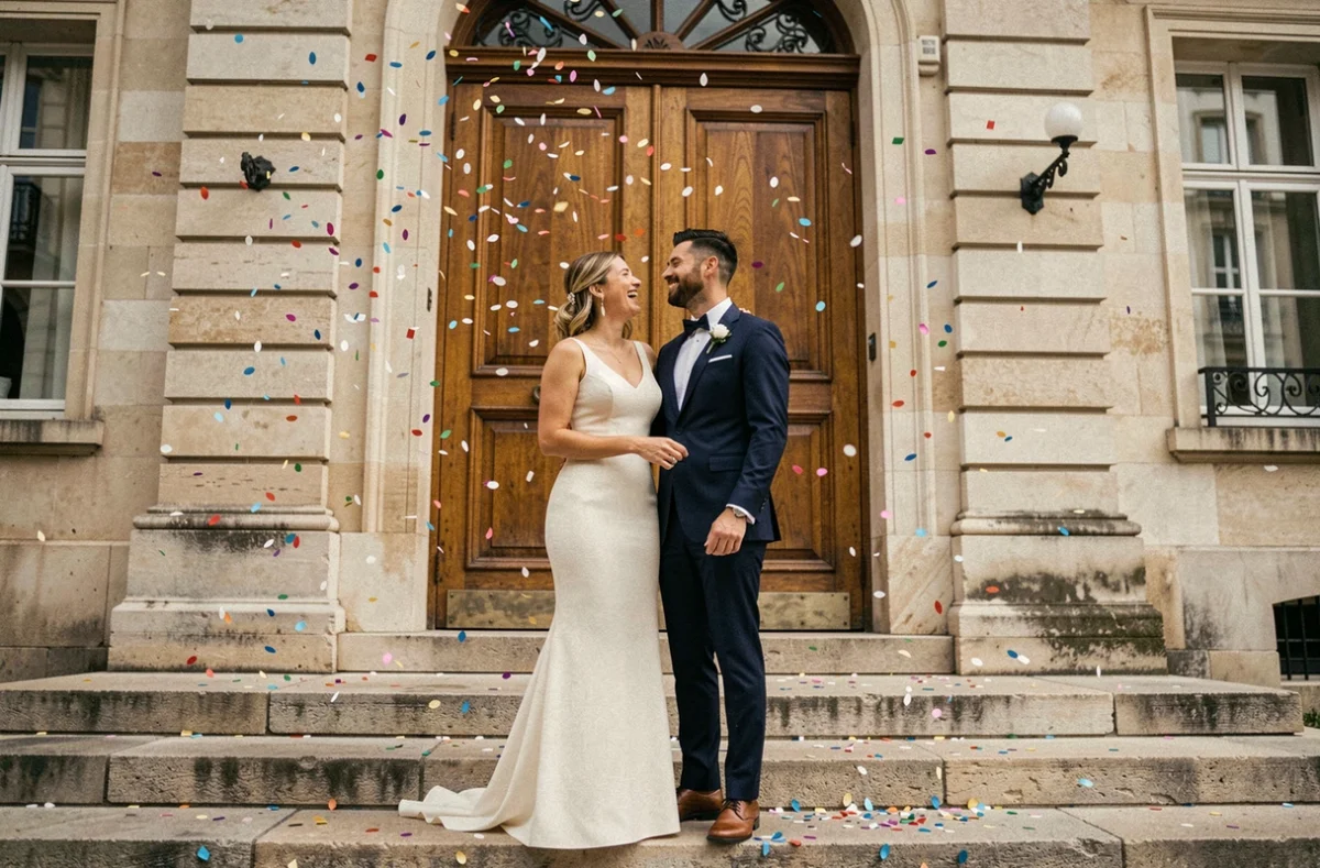Couple de mariés devant la mairie française riant sous les confettis lors de leur célébration de mariage