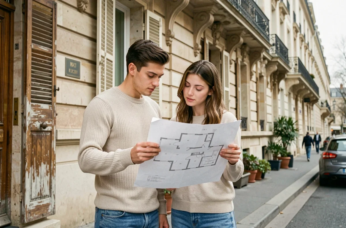 Jeune couple consultant un plan d'appartement devant un immeuble haussmannien à Paris