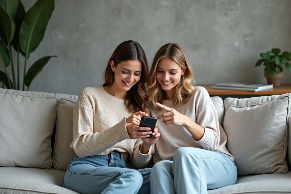 Deux amies explorant ensemble les pages d'un site de beauté sur smartphone dans un salon