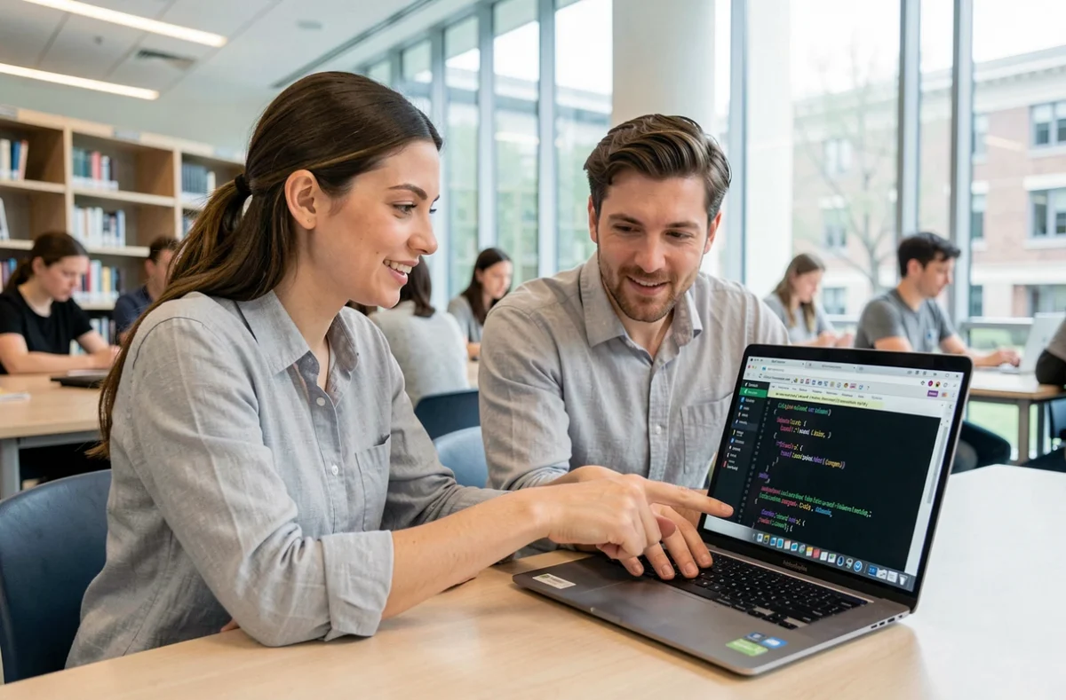 Deux étudiants collaborant sur un tutoriel de programmation Python sur un ordinateur portable dans une bibliothèque universitaire moderne
