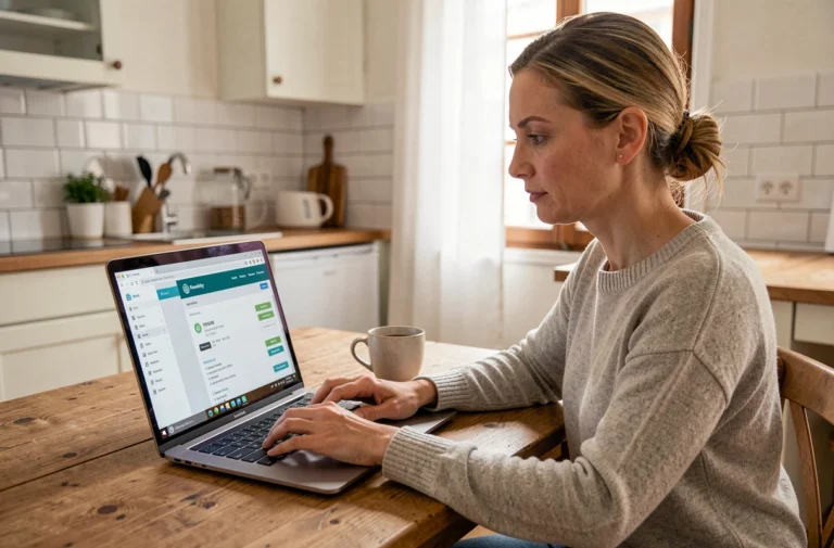 Femme consultant son compte bancaire en ligne sur un ordinateur portable dans une cuisine moderne