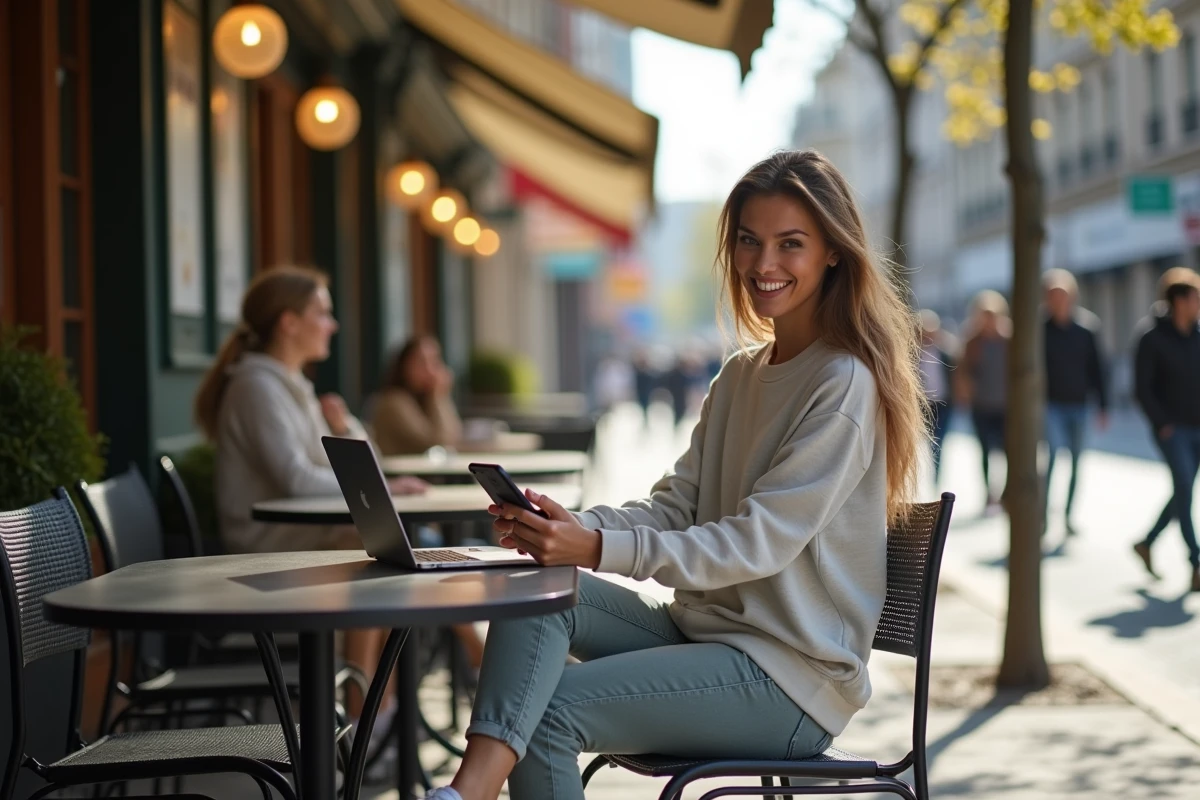 Femme au café en plein air avec smartphone