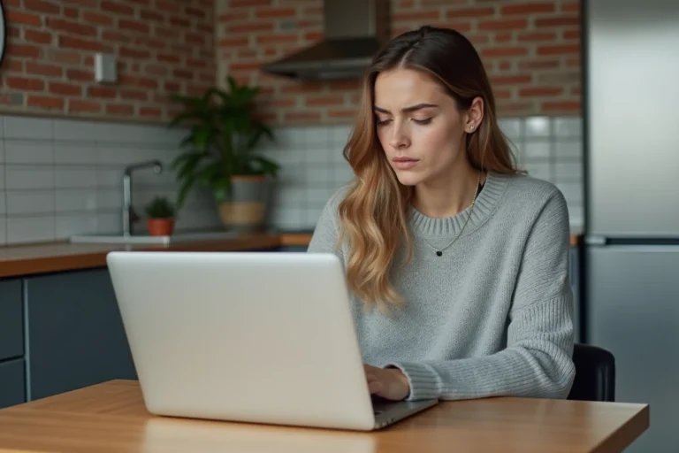Jeune femme consultant les options de livraison Asos sur son ordinateur portable dans un appartement parisien, exprimant une légère frustration face à l'absence de livraison express en France