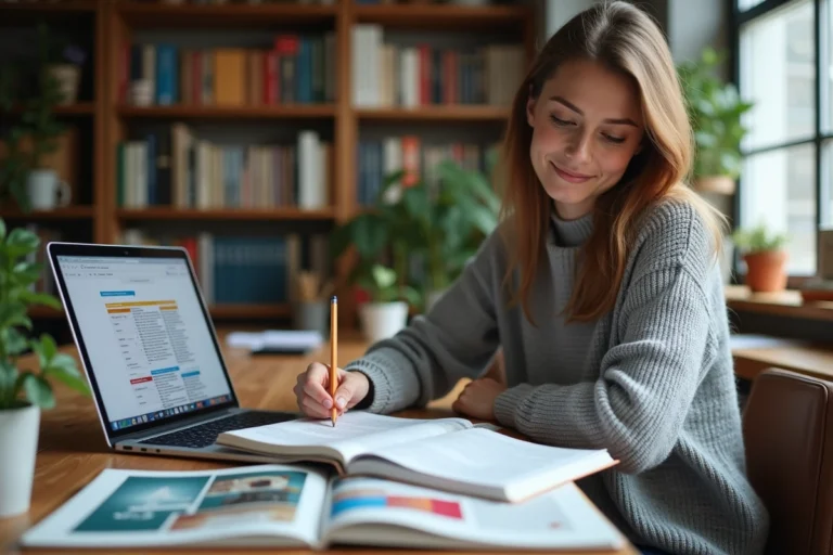 Jeune femme explorant le plan de site Bio Geek sur un ordinateur portable dans un bureau rempli de livres scientifiques