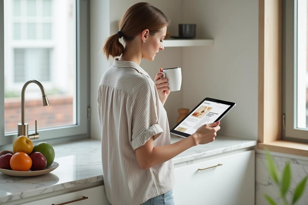 Femme consultant un guide de site beauté sur tablette dans une cuisine moderne