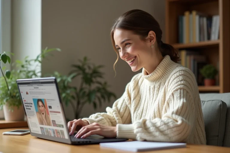 Jeune femme naviguant sur un site de mode et beauté depuis son bureau à domicile