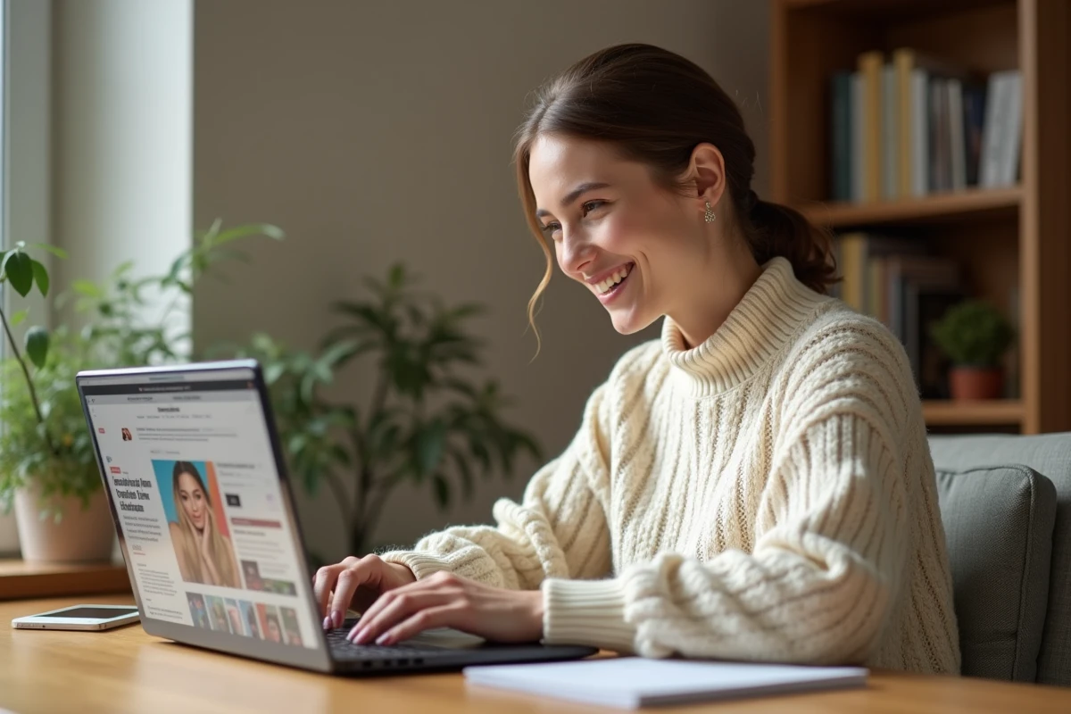 Jeune femme naviguant sur un site de mode et beauté depuis son bureau à domicile