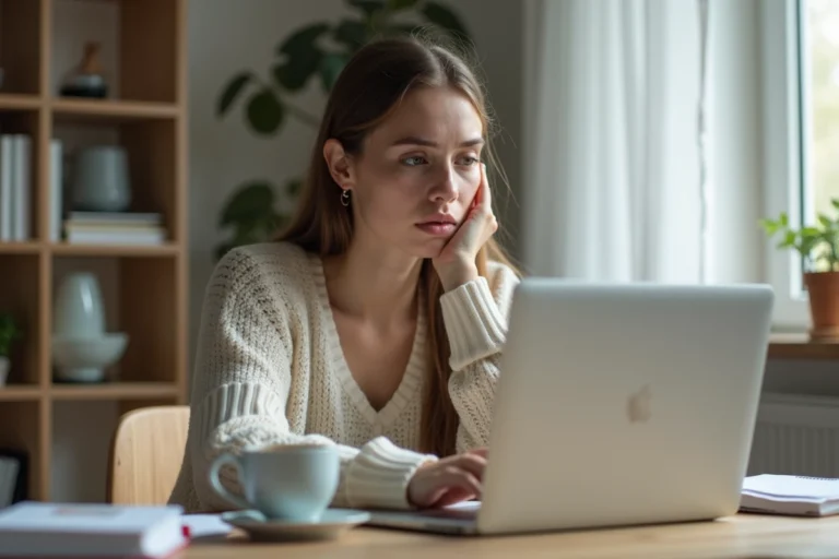Jeune femme pensive devant un écran d'ordinateur portable dans un bureau à domicile moderne, illustrant la réflexion sur un scandale numérique et la vie privée en ligne