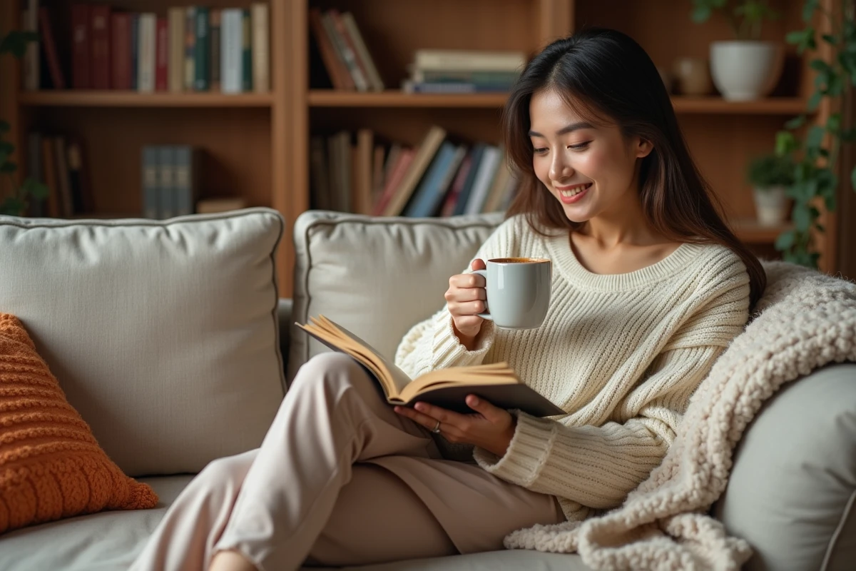 Jeune femme se relaxant avec un livre et une tasse de tisane dans un salon cosy pour favoriser son bien-être mental