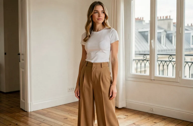 Jeune femme portant un top blanc classique rentré dans un pantalon taille haute, tenue mode casual chic pour illustrer la différence entre top et crop top