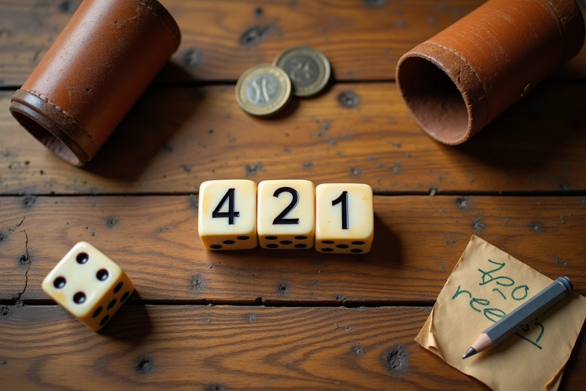 Gros plan des dés 421 sur une table en bois avec un cornet en cuir et des pièces de monnaie