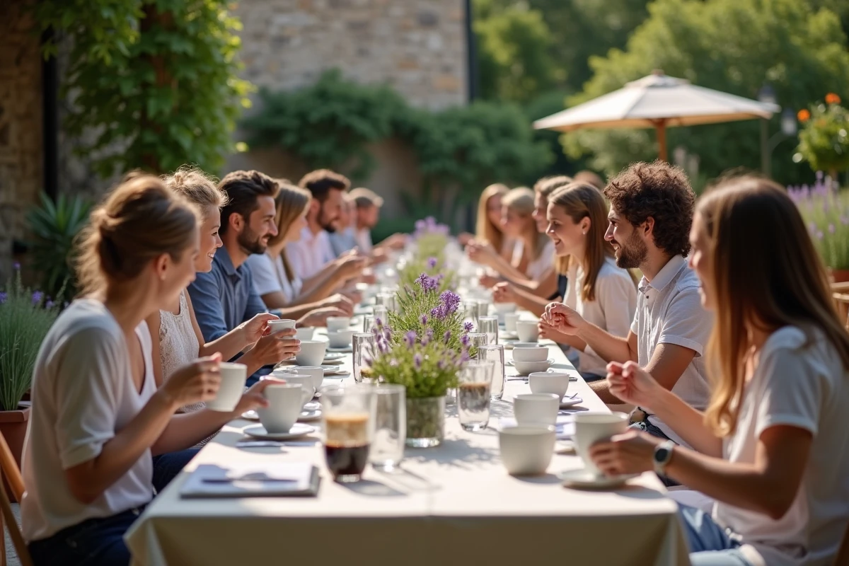 Groupe de 30 personnes lors d'un événement en plein air partageant des cafés servis dans de grandes carafes à piston sur des tables en bois