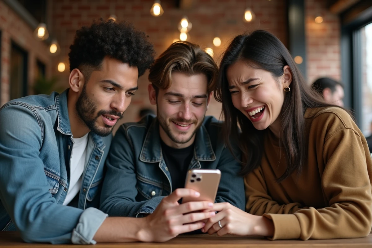 Groupe de jeunes adultes réagissant à un contenu sur un smartphone dans un café urbain, symbolisant le débat public autour d'un scandale viral sur les réseaux sociaux