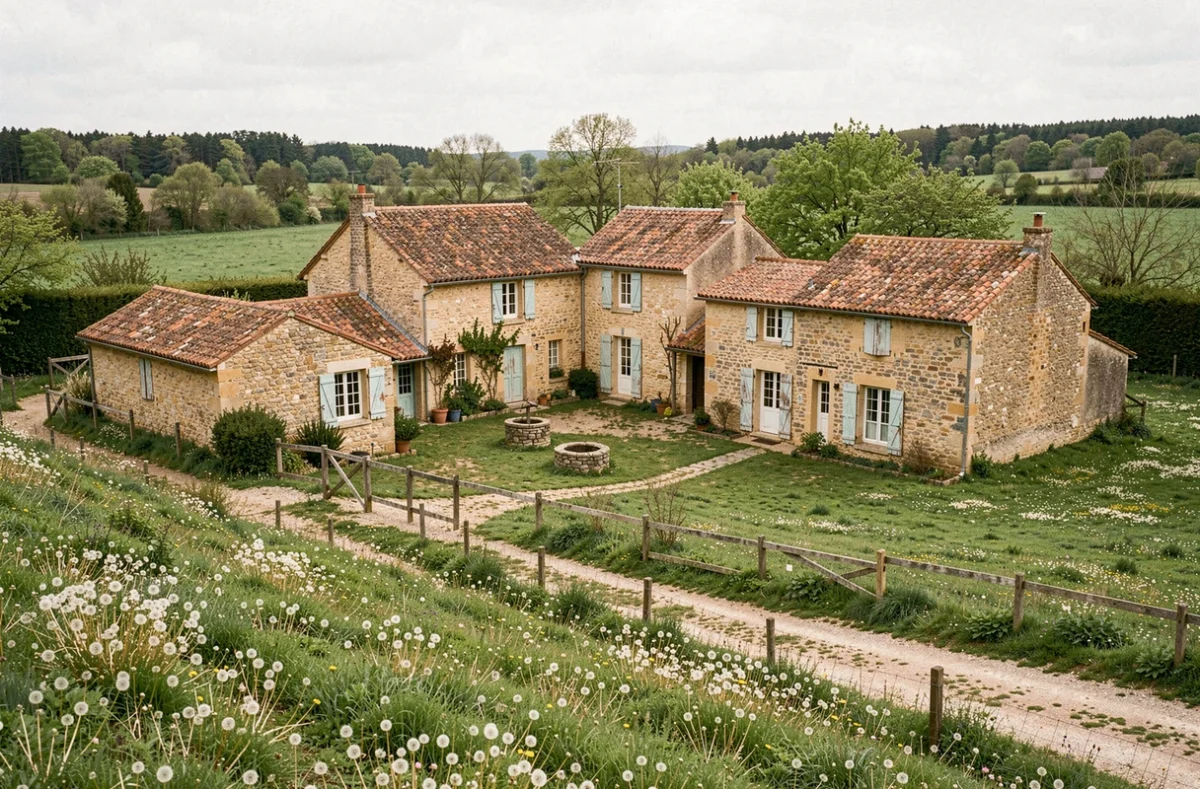 Petit hameau français composé de maisons en pierre traditionnelles avec toits en tuiles et chemin de terre entouré de prairies