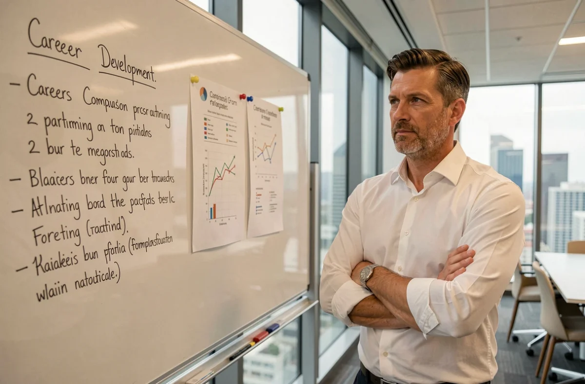 Homme d'affaires analysant des options de formation professionnelle devant un tableau blanc en entreprise