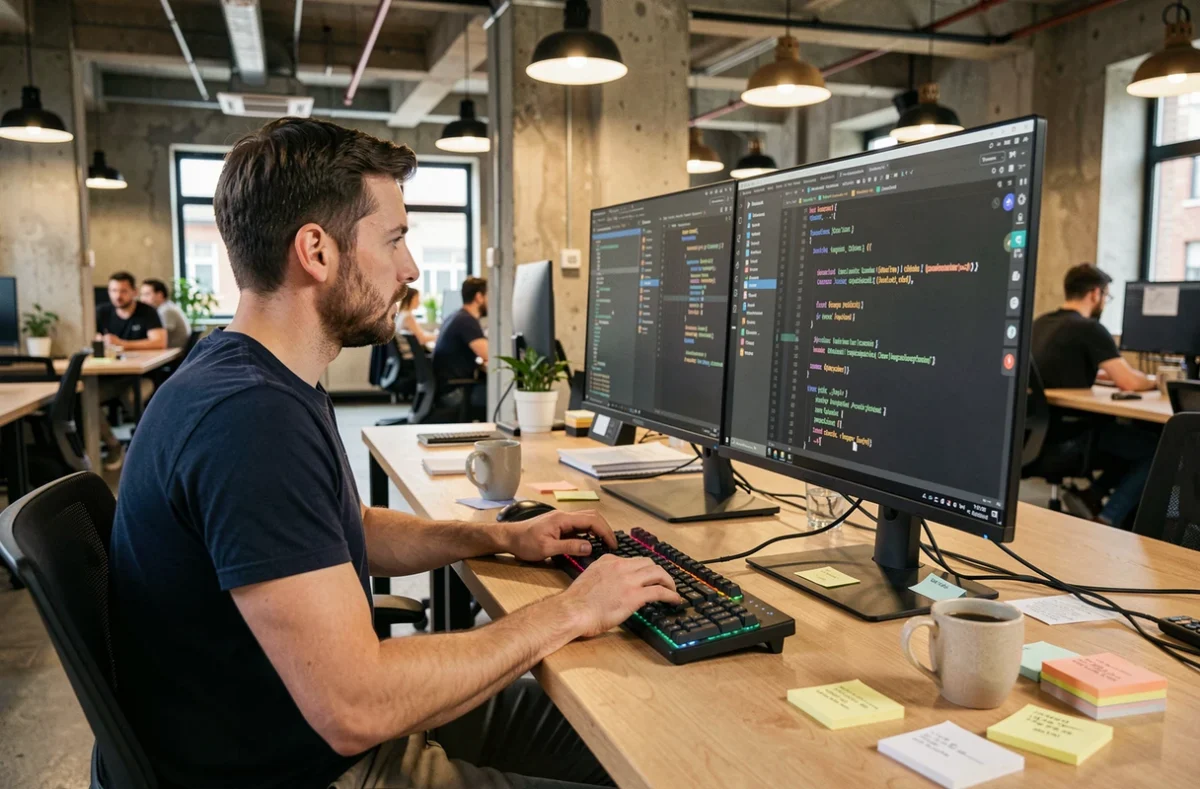 Homme adulte apprenant la programmation dans un espace de coworking moderne avec un grand écran affichant un éditeur de code