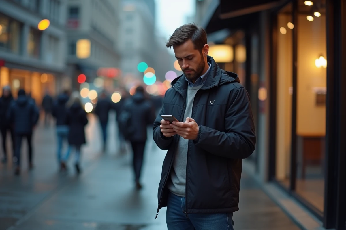 Homme adulte mal à l'aise consultant son téléphone dans une rue urbaine animée, représentant le malaise moral face à un scandale de fuite de données privées sur internet