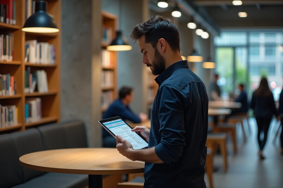 Homme consultant le plan de site d'une plateforme scientifique sur tablette dans une bibliothèque moderne