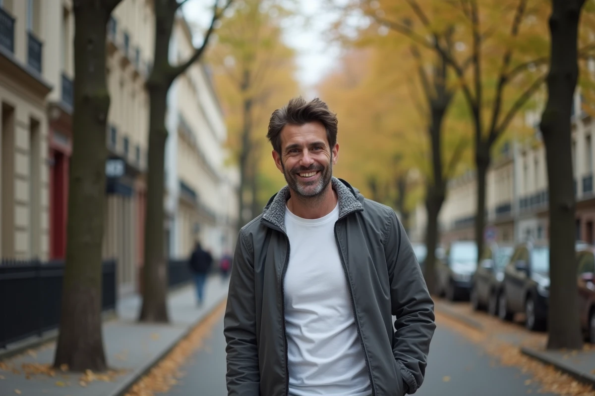 Homme politique français marchant dans une rue résidentielle parisienne bordée d'arbres en automne, ambiance documentaire authentique