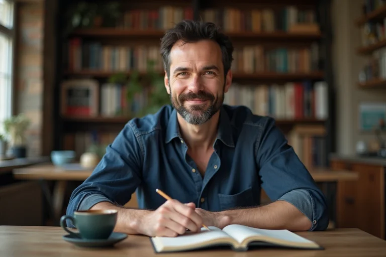 Portrait décontracté d'un homme politique français dans son intérieur domestique chaleureux, assis à une table en bois avec un café et un carnet ouvert