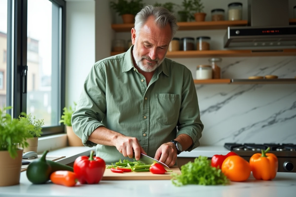 Homme préparant un repas sain et coloré dans une cuisine moderne pour prendre soin de sa santé au quotidien