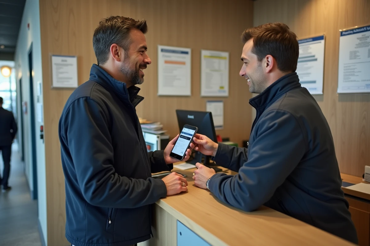 Homme présentant le suivi de sa commande en ligne à un agent de La Poste, illustrant les démarches liées aux délais de livraison e-commerce en France
