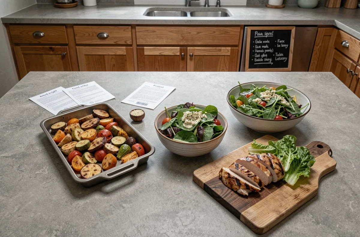 Vue aérienne d'un repas du soir facile et rapide avec légumes rôtis, salade et poulet grillé sur un îlot de cuisine