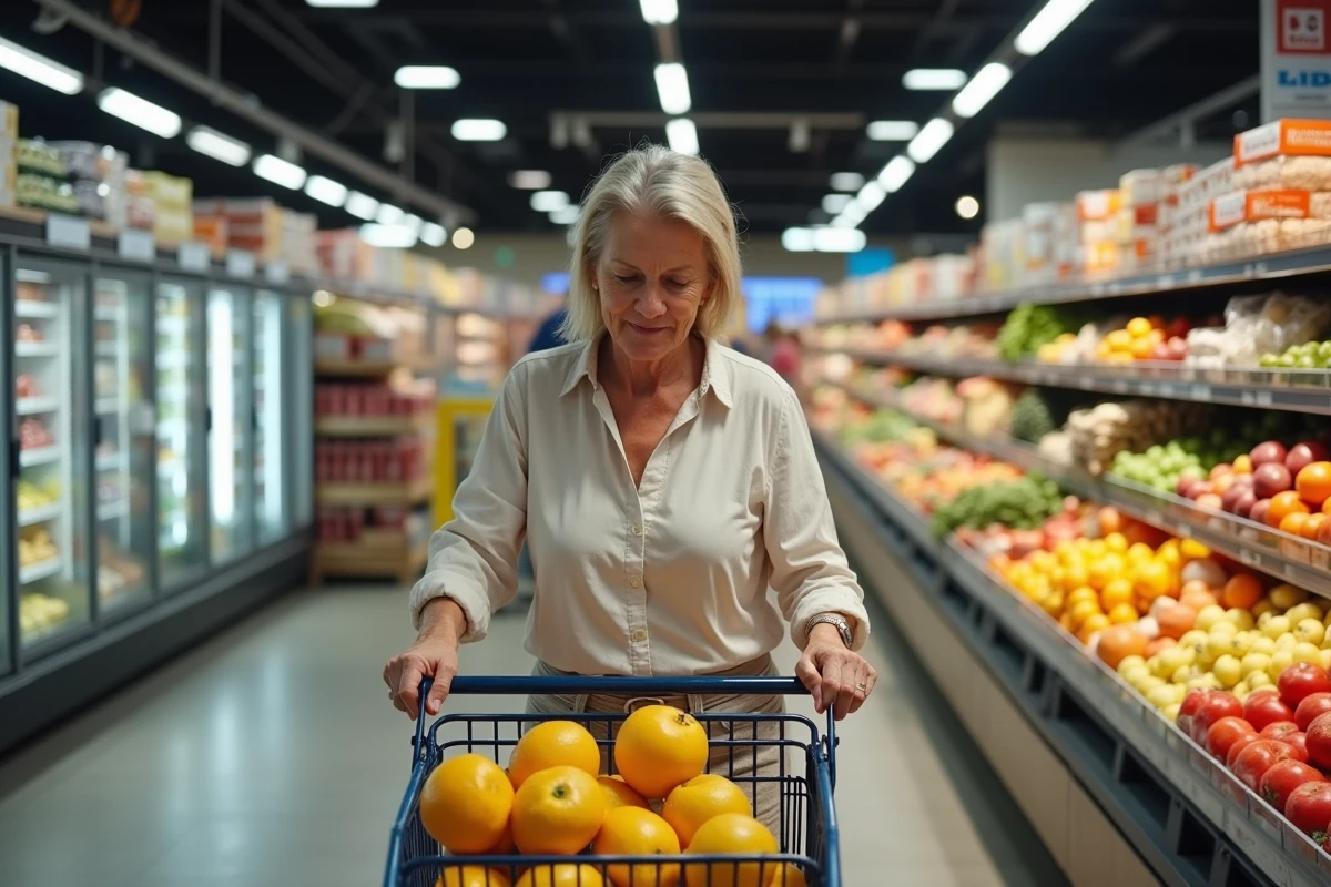 Intérieur d'un magasin Lidl en Corse avec une cliente faisant ses courses dans le rayon fruits et légumes